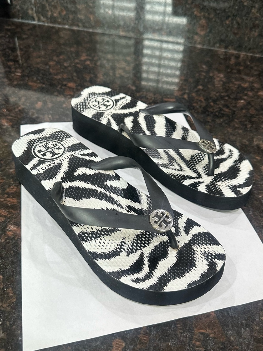 Tory Burch Black and White Zebra-Print Wedge Flip Flops